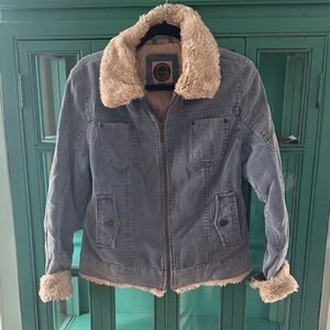 Vintage Baby Blue Courduroy Jacket with Faux Fur Trim Y2K style